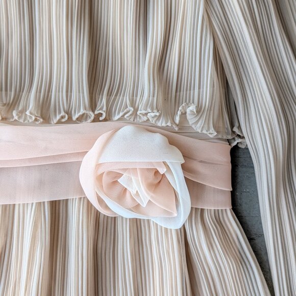 Vintage Miss Elliette Tan Beige Pleated Crinkle Maxi Dress Gown - Picture 4 of 13